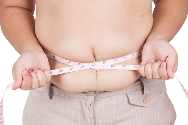 Fat person measuring her stomach on white background