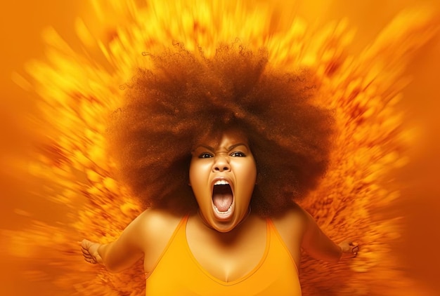 fat person with large afro looking in the camera over orange background