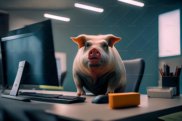 A fat pig is sitting at the officegenerativeai