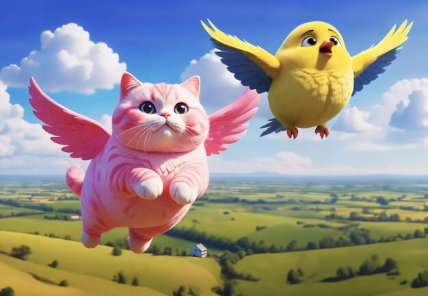 A fat pink cat with wings soaring over the countryside chasing a chubby yellow bird