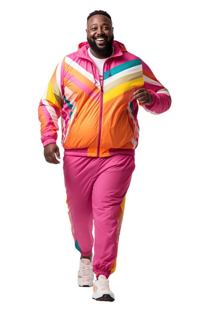 Fat plusize afro man draagt kleurrijke sportkleding op witte of doorzichtige achtergrond