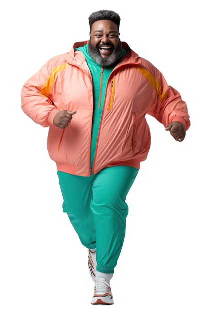 Fat plussize afro oudere man draagt kleurrijke sportkleding op witte of doorzichtige achtergrond