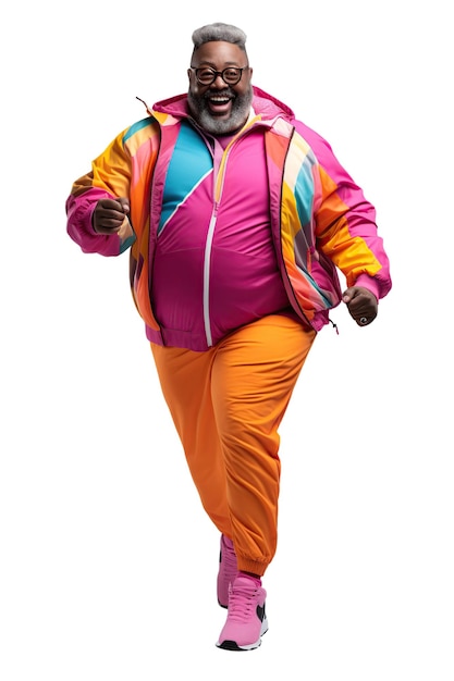 Fat plussize afro 시니어 남자는 색 또는 투명한 배경에 다채로운 스포츠 옷을 입습니다.