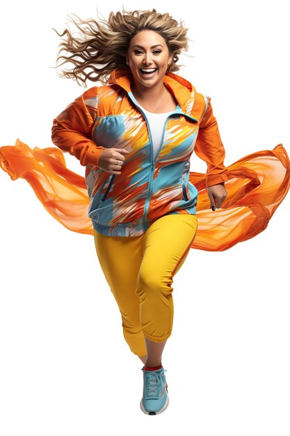 Fat plussize blonde woman wear colorful sportswear on white or transparent background