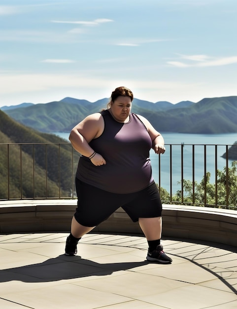 Fat plussize woman doing sports on a bridge with a scenic view