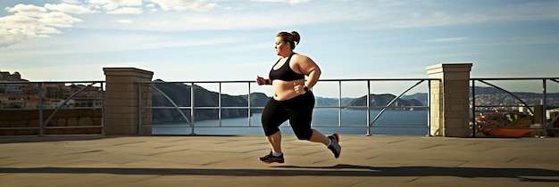 Fat plussize woman doing sports on a bridge with a scenic view