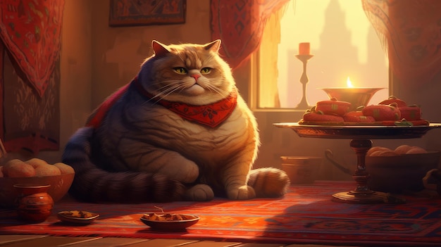 A fat red striped cat lies on a red carpet after a hearty dinner in a room with candles AI generated