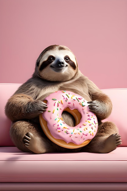 fat sloth with a donut on the sofa on pink background