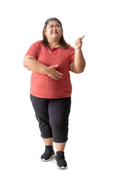 Fat woman asian pointing finger to the side isolated white on background