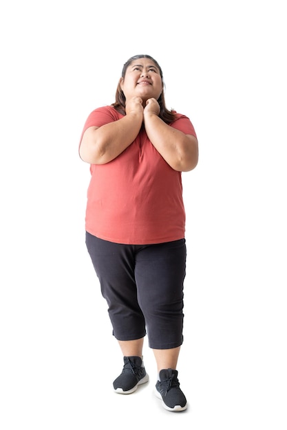 Fat woman asian thinking and looking up isolated white on background