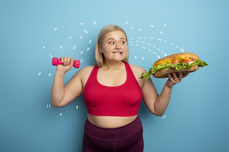 Fat woman does gym and want to eat a sandwich.
