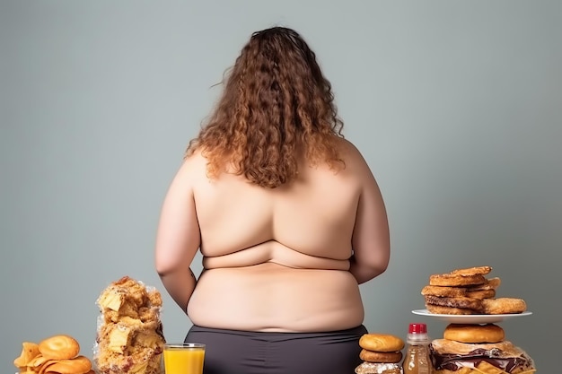 Foto donna grassa che mangia cibo malsano ai generativo