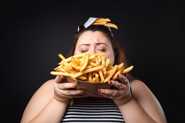 不健康な食べ物を食べる太った女性の生成AI