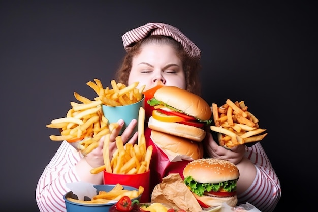 Foto donna grassa che mangia cibo malsano ai generativo