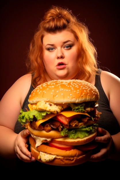 Photo a fat woman eats a big burger selective focus