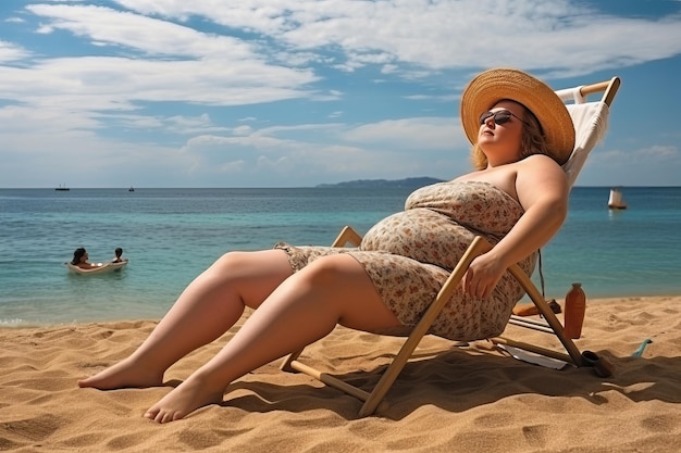뚱뚱한 여자는 해변과 바다를 배경으로 해변에서 휴식을 취하며 휴가를 즐깁니다.