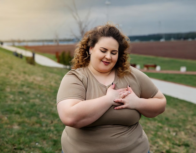 fat woman exercising outdoors have heart pain health care for obese people heart disease