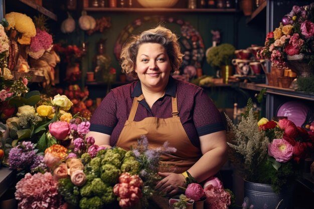 Fat woman manager at a flower shop