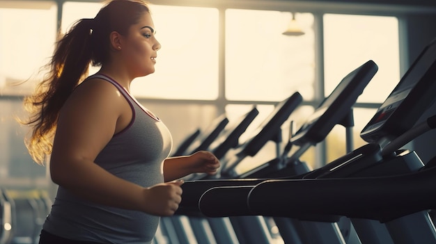 Photo fat woman in the new modern gym day time