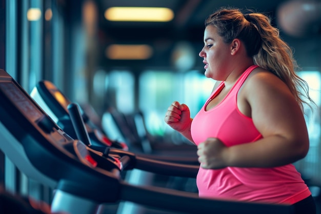 fat woman running on the treadmill in the gym bokeh style background