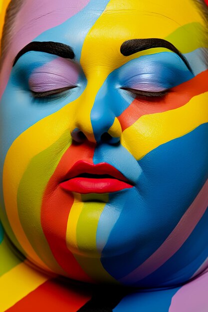 Fat woman's face is painted with multicolored face paint