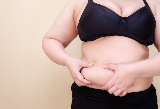 Closeup woman hands touch big belly, fat with cellulite abdomen. Concept,  obesity. Overweight. Body shape problem for woman after pregnancy or  getting older. Heath care. 22587582 Stock Photo at Vecteezy