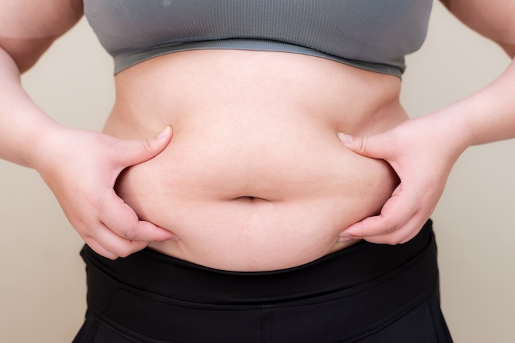 Photo fat woman. shape up healthy stomach muscle, and diet lifestyle, to reduce belly concept.