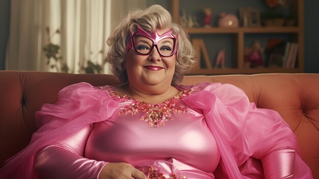 Photo fat woman in a superhero costume in sofa at home with sunglasses in her eyes pink colors