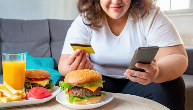 Фото Толстая женщина использует телефон и кредитную карту с гамбургером на столе концепция покупок на доставку