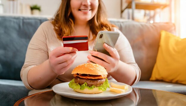 Foto donna grassa che usa telefono e carta di credito con hamburger sul tavolo concetto di shopping alla consegna