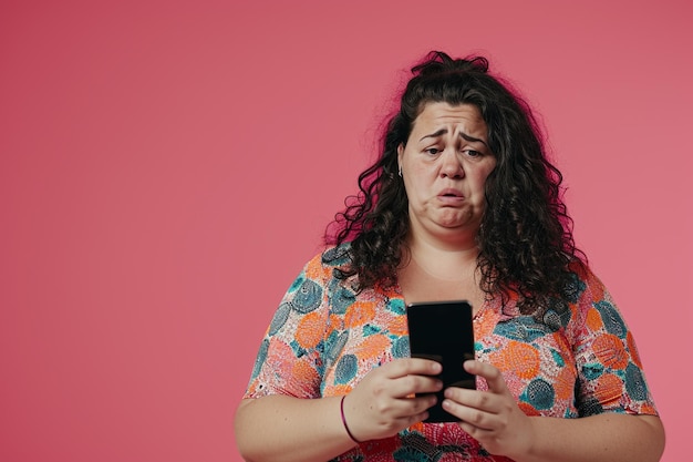 fat woman using phone with worried expression