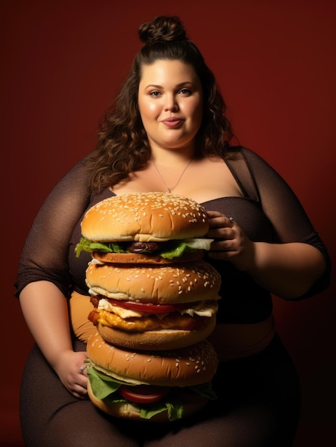 Fat woman with a burger taking a selfie not a healthy diet copy space