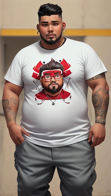 Fat young man with goatee earrings soldier style haircut white tshirt and worn pants