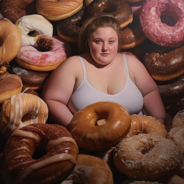 Photo fat young woman in a pile of donuts