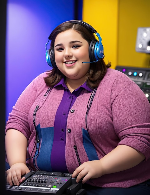 fat young woman with headphones and soundboard