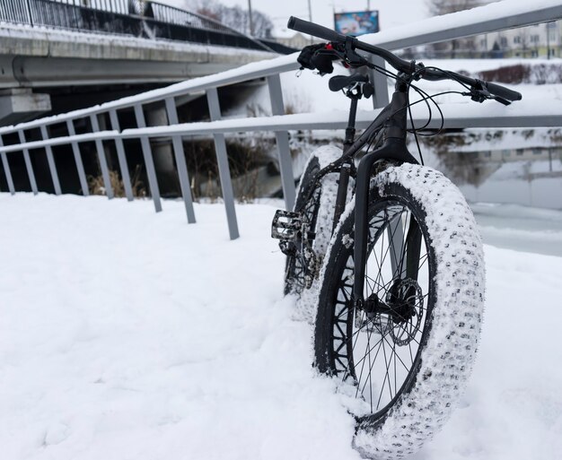 川の近くの雪の中のファットバイク