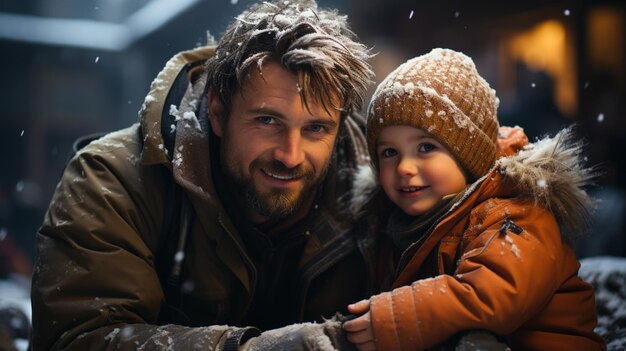 Photo a fater and little sister playing with snow with winter cloths