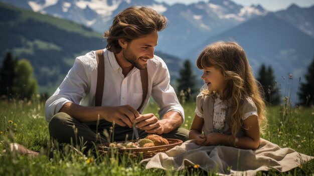 写真 父と子供たちがピクニックをしている