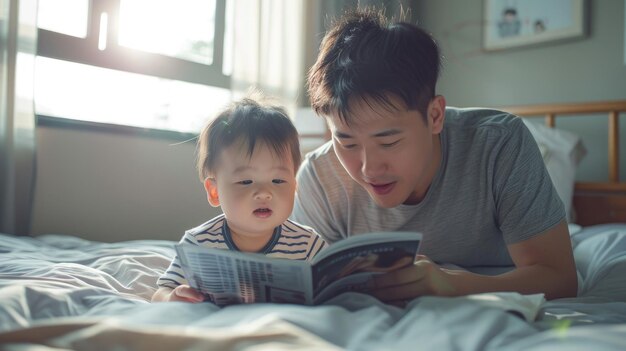 写真 父と息子がベッドに横になって本を読んでいる