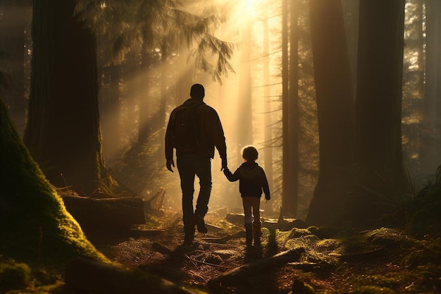 Фото Отец и сын гуляют в лесу на закате