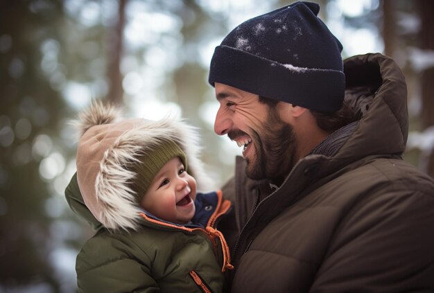 Father and baby laughing in winter park