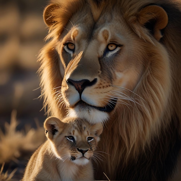 Father and baby lion horizontal portrait with the male lion lying Generative AI