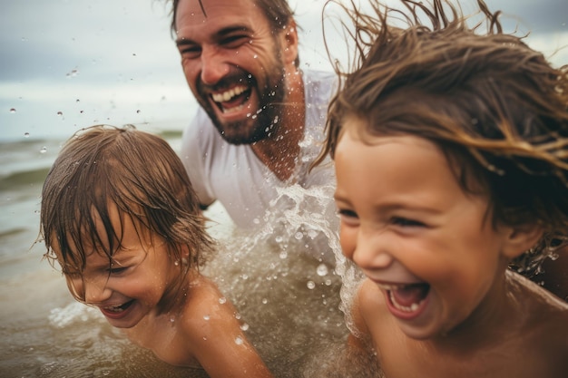 Foto un padre si bagna con due figli nel fiume stanno ridendo