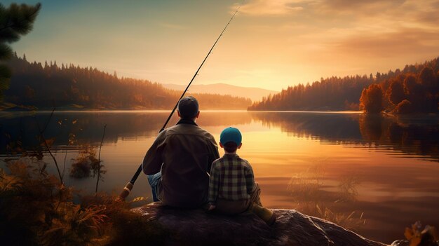 Father and boy fishing in the sunset lake landscape