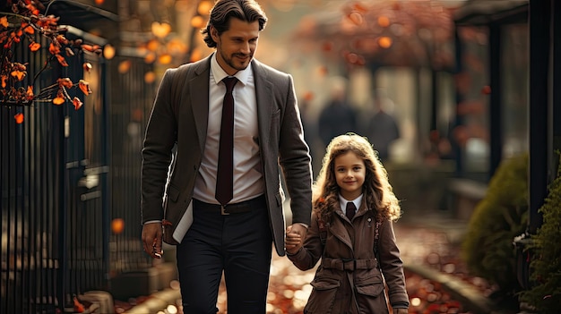 Father in business suit walking with his child Daughter To School Along Path in the city Happy Father's Day concept background Love family