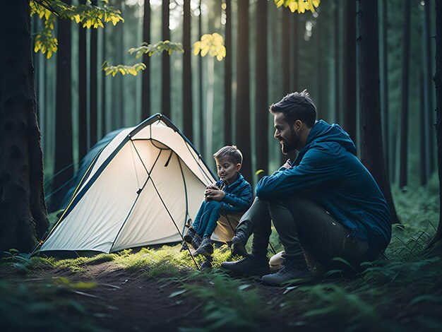 Father camping in the middle of the forest with his son