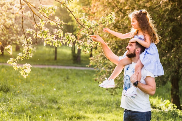 Father carrying his daughter on shoulder for touching tree branch