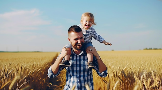 A father and child are standing in a wheat field.