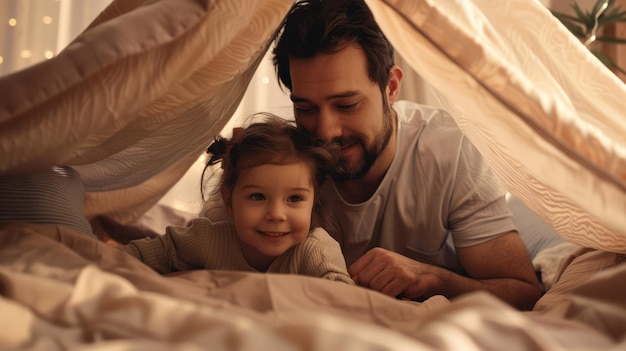 A father and child building a fort out of blankets