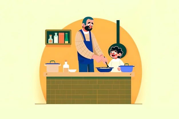 Father and Child Cooking Together in a Cozy Kitchen